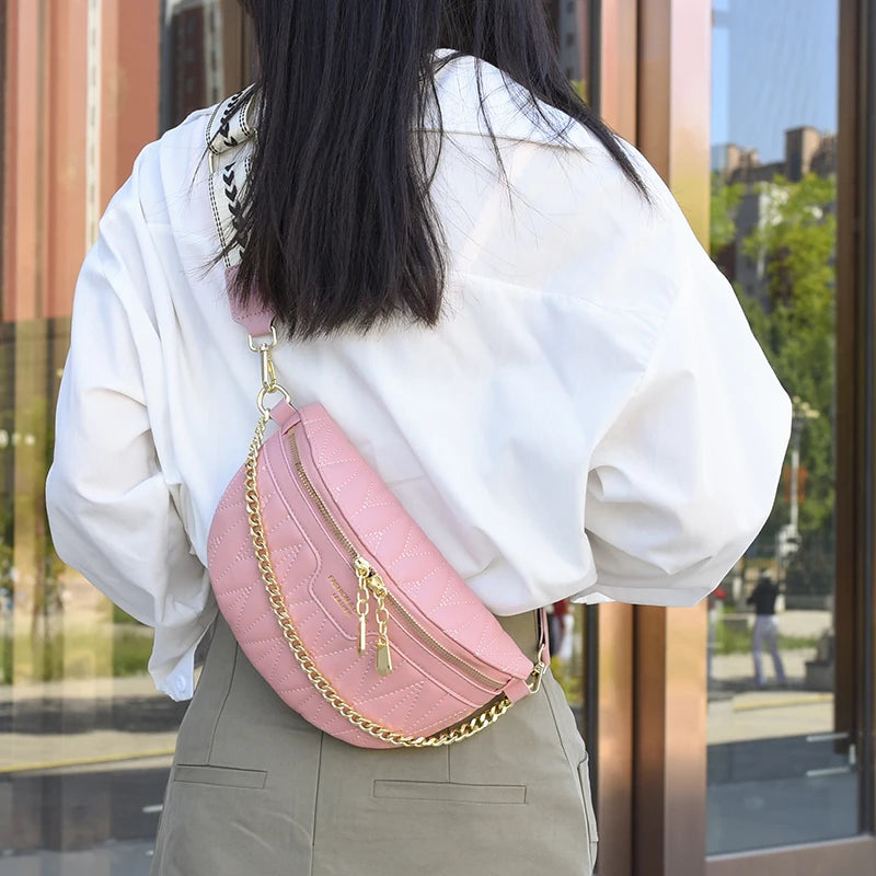 Wide Straps Waist Bag Lady Chain Fanny Pack Summer Female Belt Bags Leather