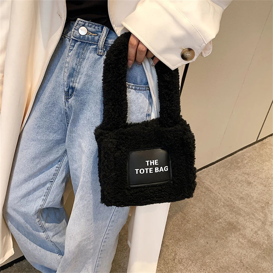 Winter Candy Short Handle Women's Small Totes Bag Faux Fur Hand Bag