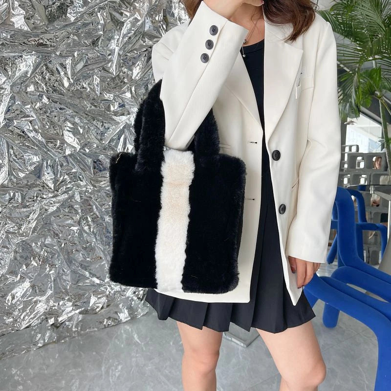 Winter Contrast Faux Fur Chain Women's Shoulder Bag Large Capacity Crossbody Bag