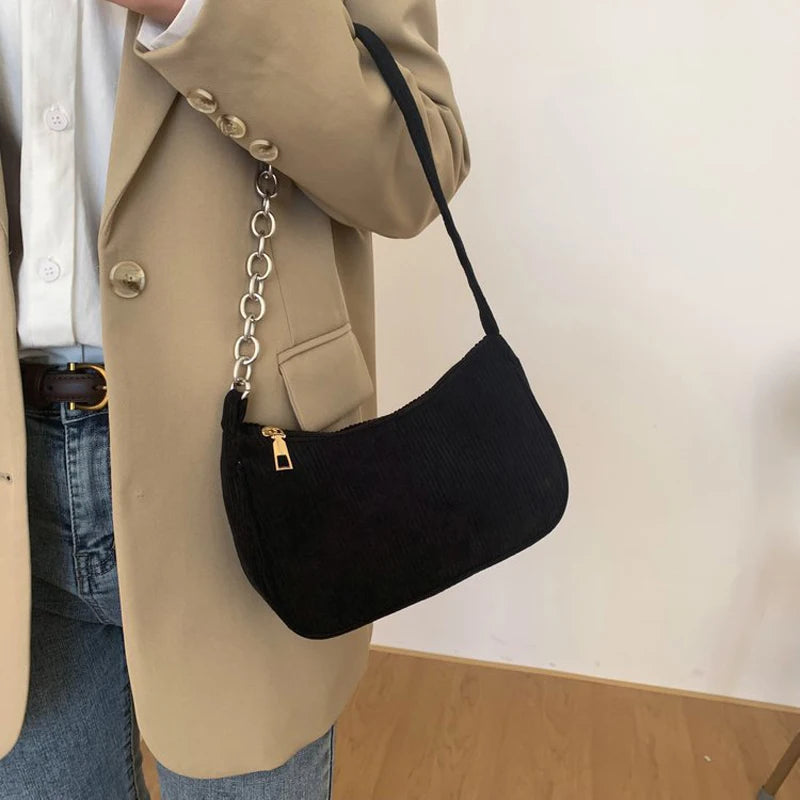 Winter Corduroy Shoulder Bag for Women Underarm Travel Pouch