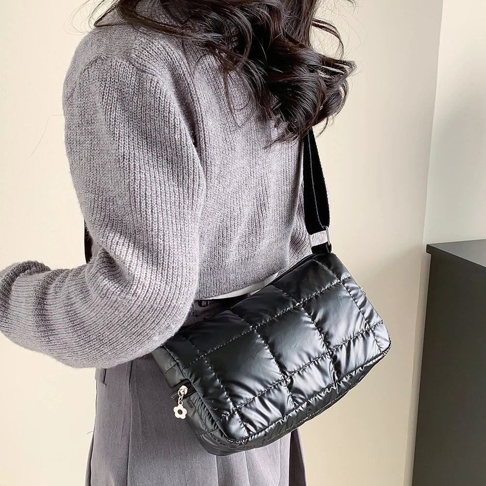 Winter Quilted Crossbody Bag Check Messenger Soft Nylon Portable
