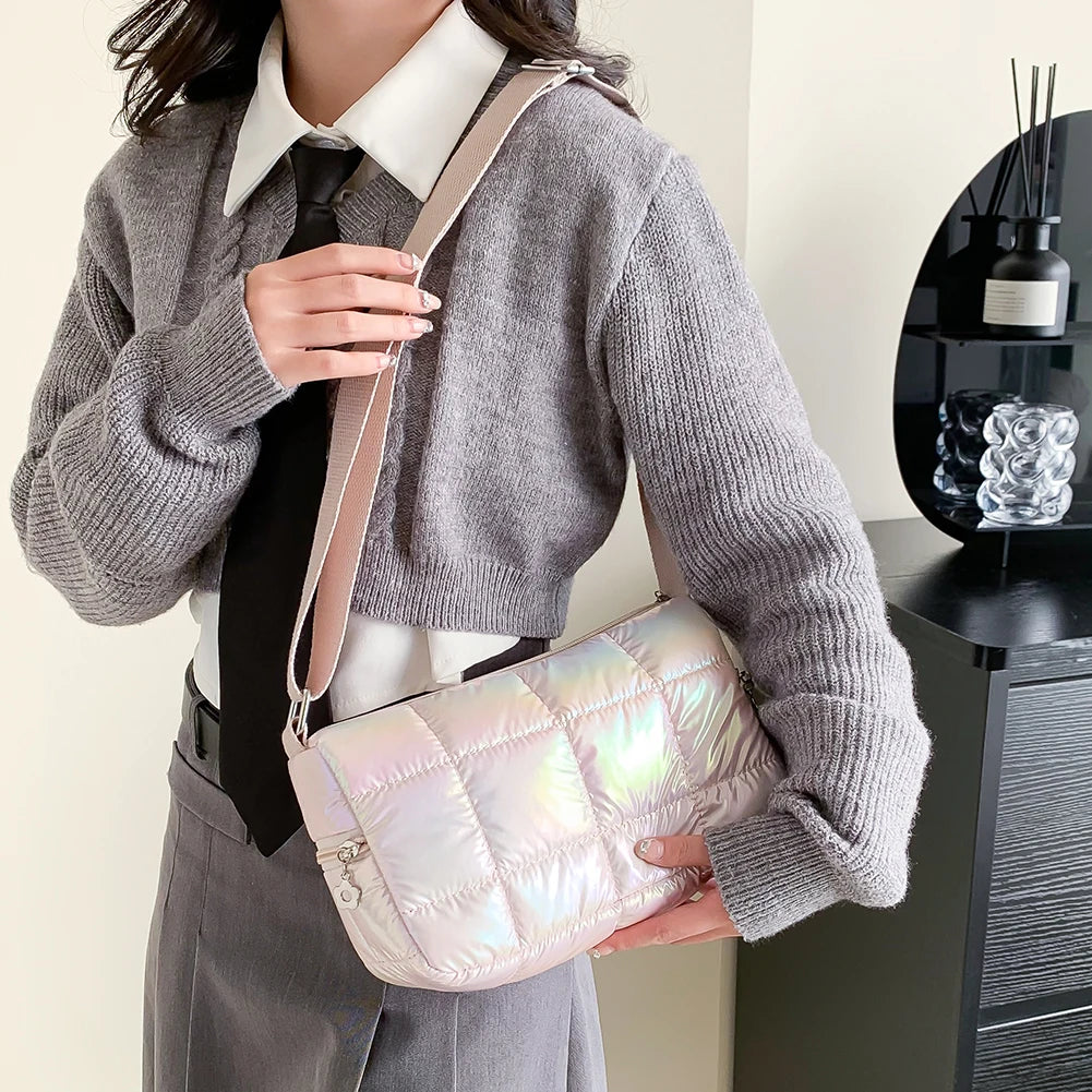 Winter Quilted Crossbody Bag Check Messenger Soft Nylon Portable