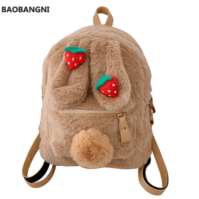 Winter Faux Fur Backpack Rabbit Ear Women Travel Shoulder Bags Plush Bagpack