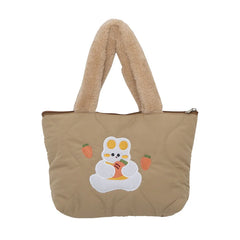 Winter Women Quilting Shoulder Bag Cartoon Embroidery Female Plush Tote Bags