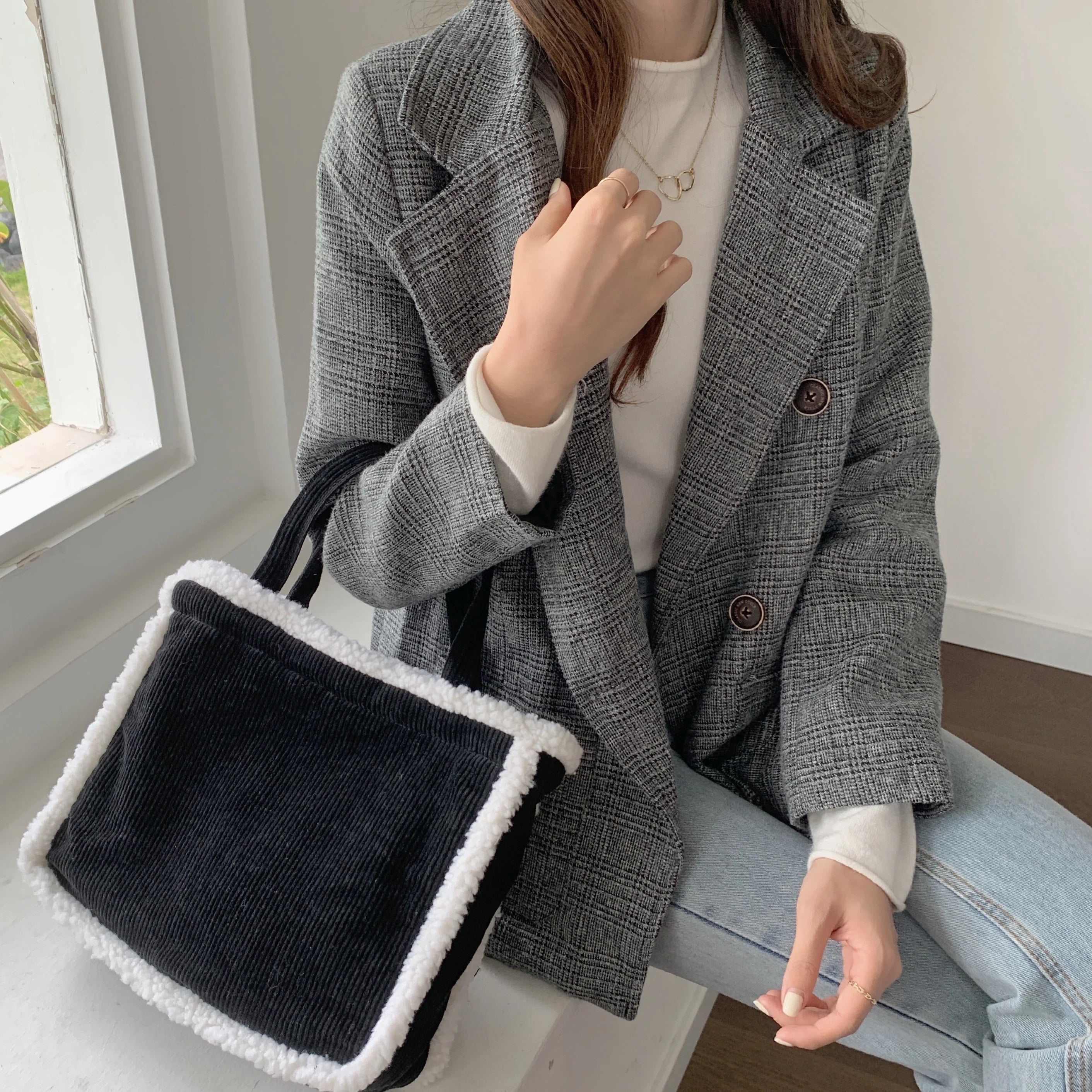 Corduroy Women Handbags Furry Shoulder Bags Large Capacity Tote