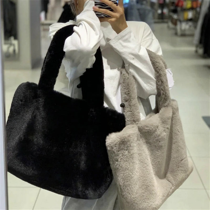 Winter Faux Fur Women's Handbags Soft Plush Ladies Shoulder Bags Large Capacity