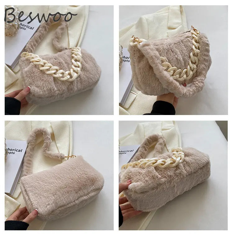 Winter Fluffy Fur Women Shoulder Bag Chain Plush Handbags