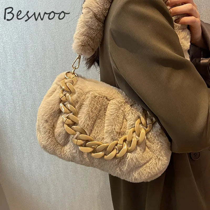 Winter Fluffy Fur Women Shoulder Bag Chain Plush Handbags