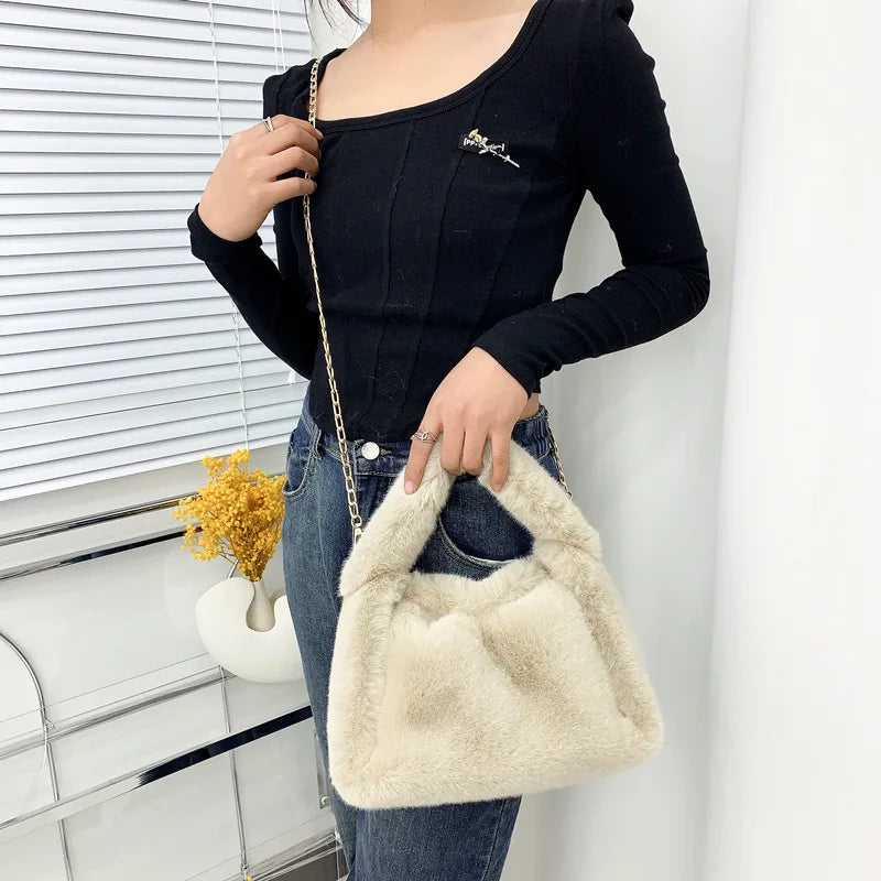 Winter Hobos Crossbody Bags for Women Faux Fur Ladies Tote Purse
