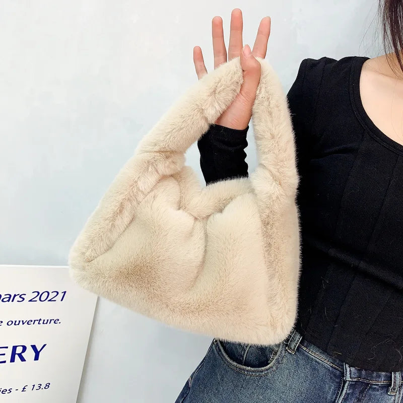 Winter Hobos Crossbody Bags for Women Faux Fur Ladies Tote Purse