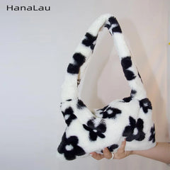 Winter Ladies Shoulder Bag Plush Women Hobos Handbags Flower Pattern
