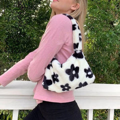 Winter Ladies Shoulder Bag Plush Women Hobos Handbags Flower Pattern