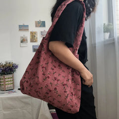 Winter Pink Rose Ladies Shoulder Bag Retro Corduroy Women Shopping Bags