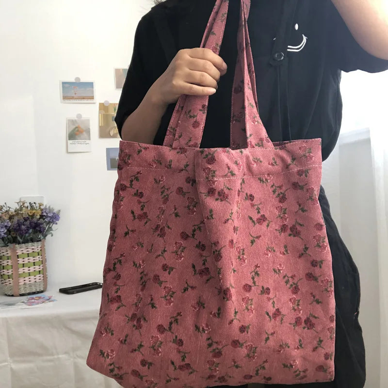 Winter Pink Rose Ladies Shoulder Bag Retro Corduroy Women Shopping Bags
