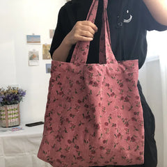 Winter Pink Rose Ladies Shoulder Bag Retro Corduroy Women Shopping Bags