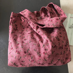 Winter Pink Rose Ladies Shoulder Bag Retro Corduroy Women Shopping Bags