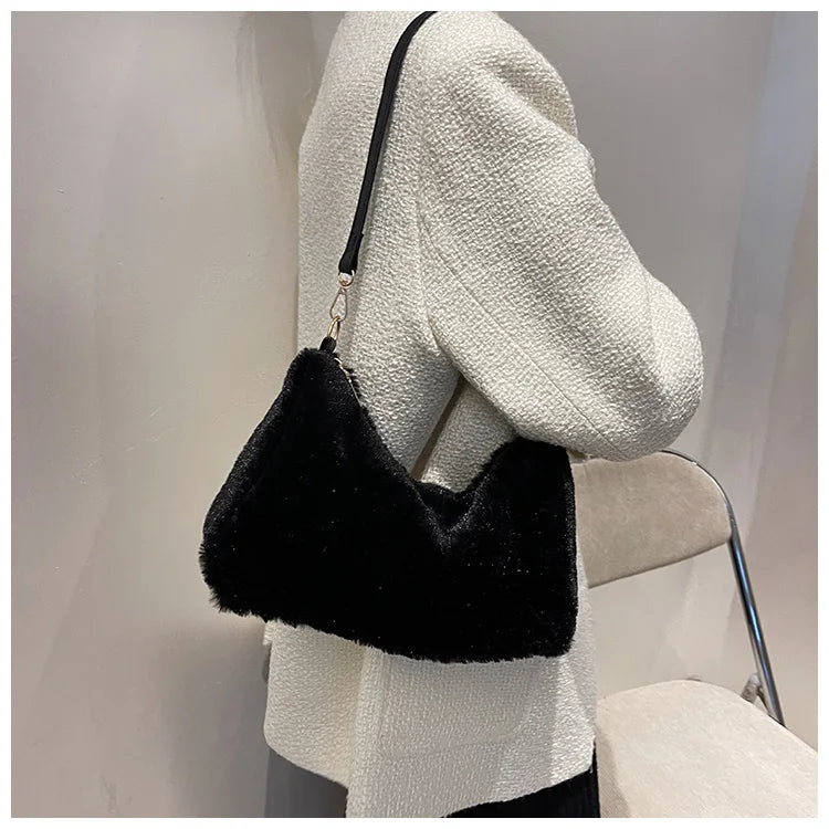Winter Faux Fur Shoulder Bag for Women Soft Plush Tote Purse
