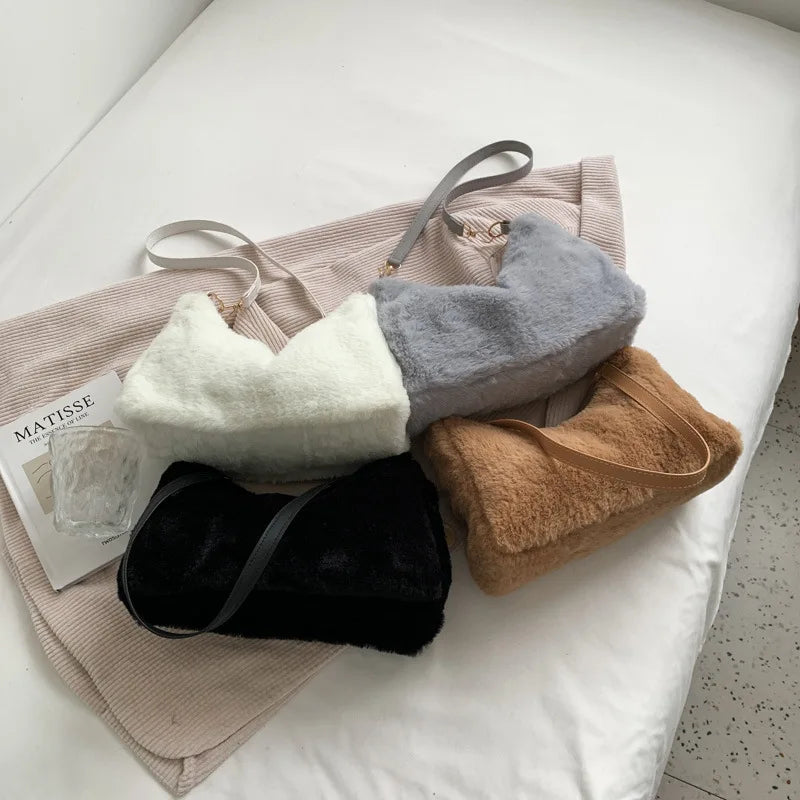 Winter Soft Plush Shoulder Bag Faux Fur Tote Purse Handbag Solid Underarm Bag
