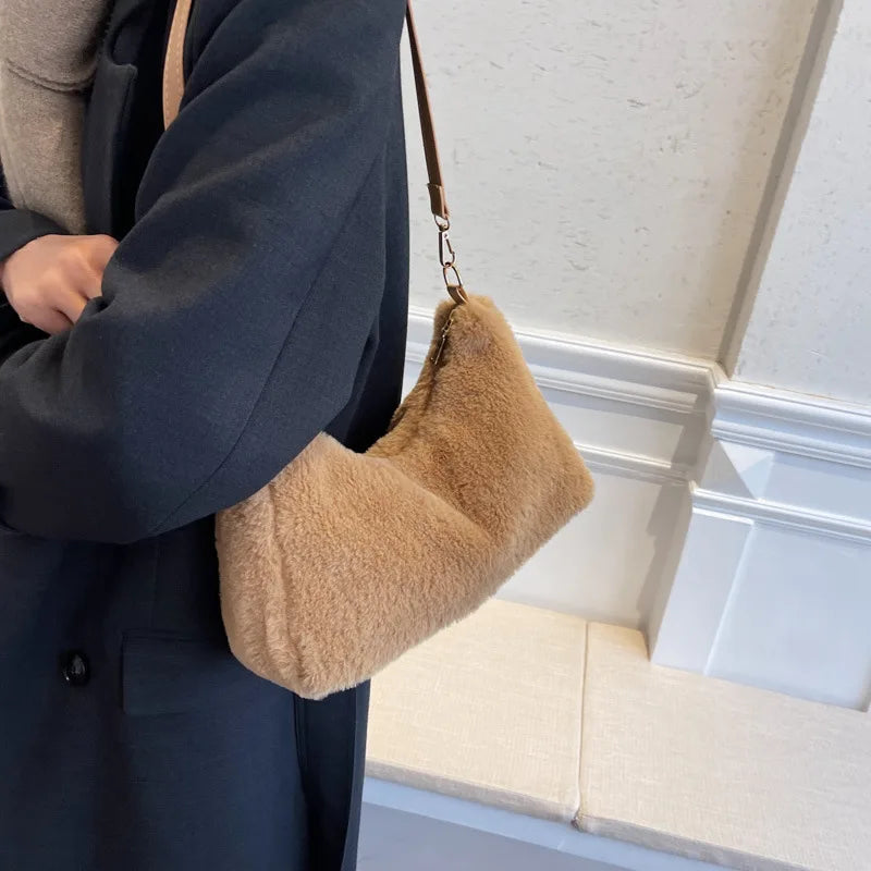 Winter Soft Plush Shoulder Bag Faux Fur Tote Purse Handbag Solid Underarm Bag