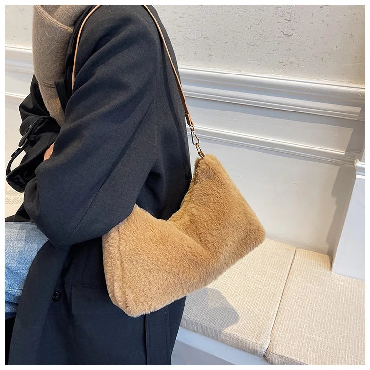 Winter Faux Fur Shoulder Bag for Women Soft Plush Tote Purse