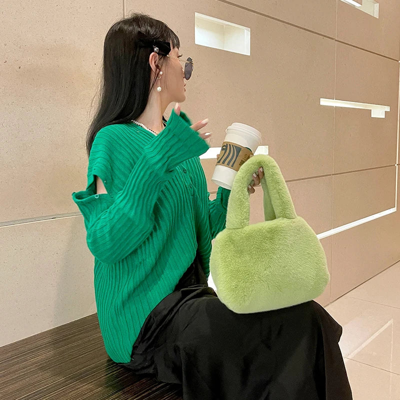Women's Faux Fur Shoulder Bag Soft Plush Top-handle Tote Bags Small Purse