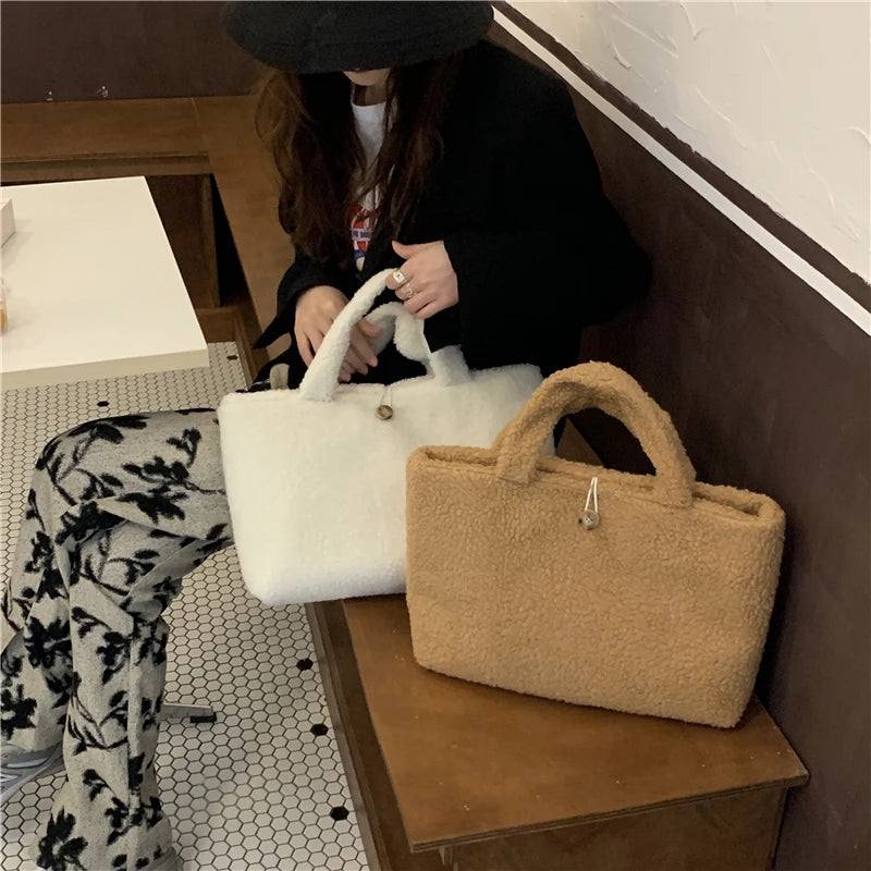 Winter Large Shoulder Bag Soft Plush Solid Ladies Purse Handbag