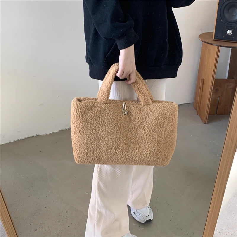 Winter Large Shoulder Bag Soft Plush Solid Ladies Purse Handbag