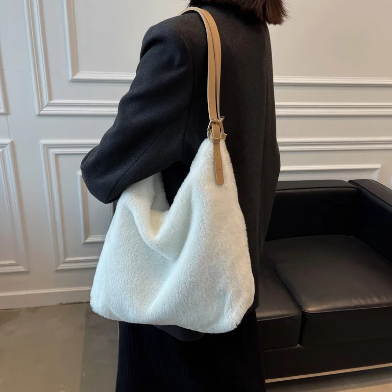 Winter Faux Fur Women's Shoulder Bag Soft Plush Handbags Large Capacity Tote