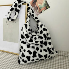 Winter Furry Women Large Handbags Cow Pattern Ladies Shoulder Messenger Bags