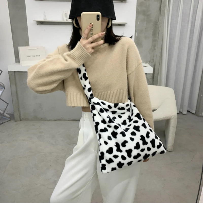 Winter Furry Women Large Handbags Cow Pattern Ladies Shoulder Messenger Bags