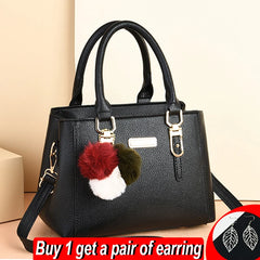 Winter Hairball PU Leather Women's Shoulder Bag Large Capacity Top-handle Tote