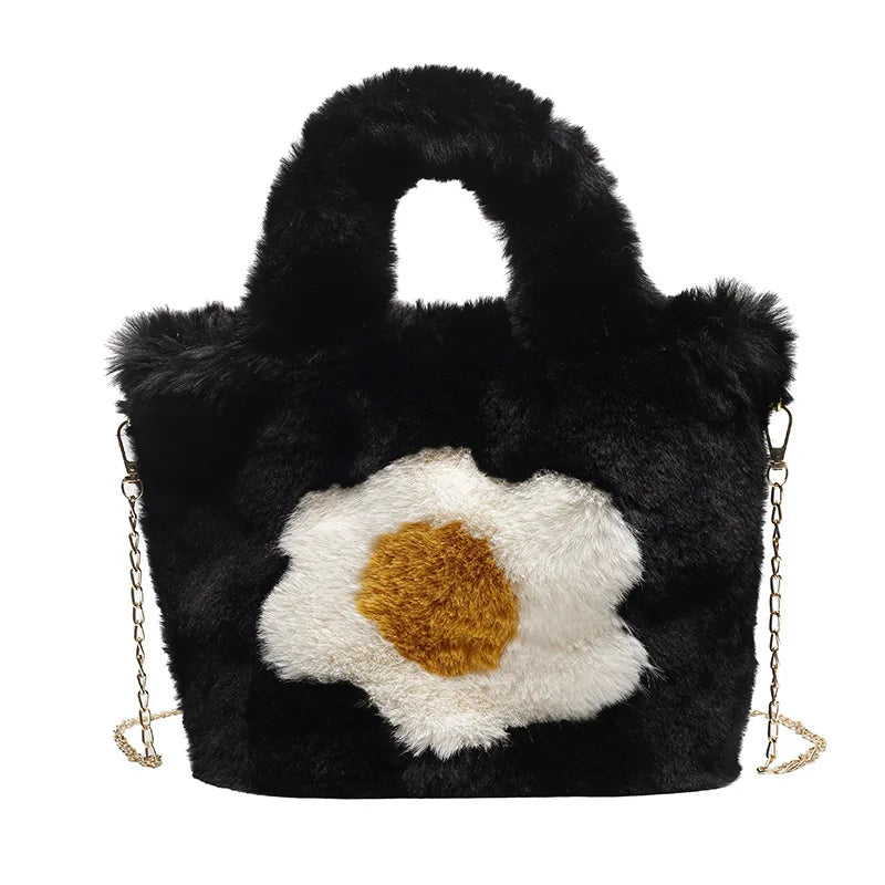 Winter Large Capacity Handbag Woolen Faux Fur Flower Plush Tote Bag