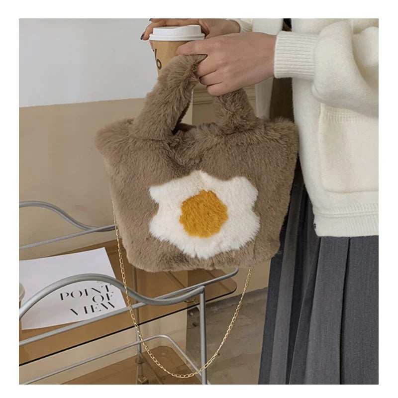 Winter Large Capacity Handbag Woolen Faux Fur Flower Plush Tote Bag