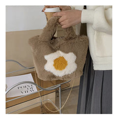 Winter Large Capacity Handbag Woolen Faux Fur Flower Plush Tote Bag