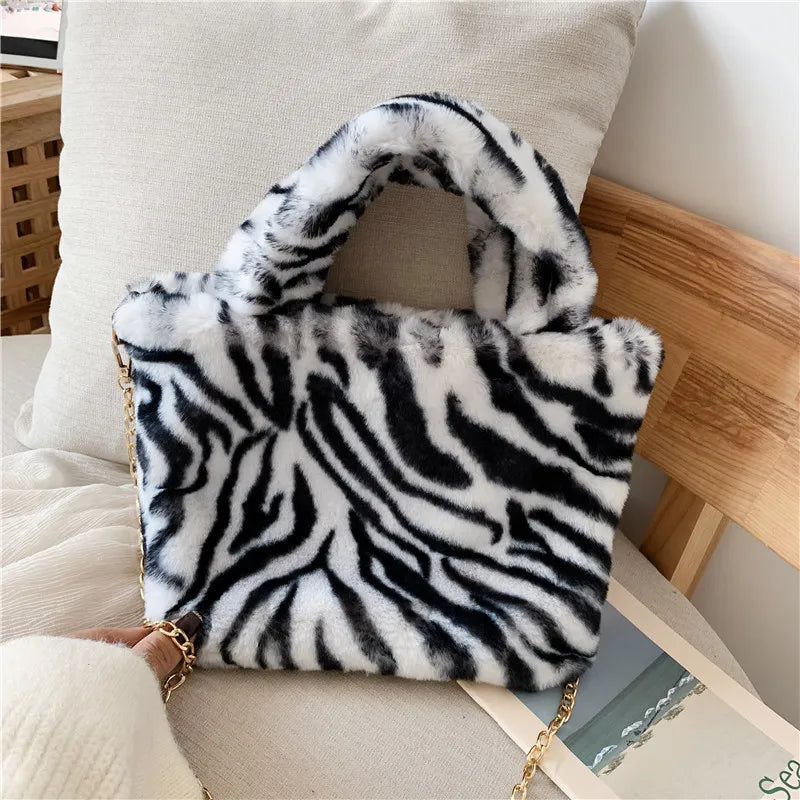 Leopard Chain Shoulder Bag Plush Winter Handbag