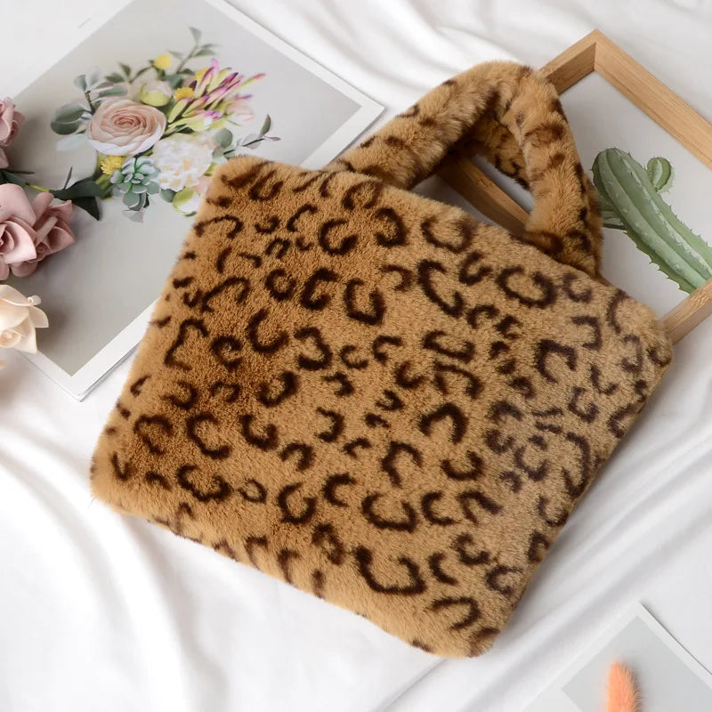 Winter Faux Fur Leopard Handbag Plush Messenger Bag Soft Warm Fur Bag Female Tra