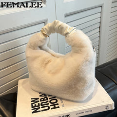Puffed Faux Fur Women Hobos Tote Bag Soft Warm Handbags