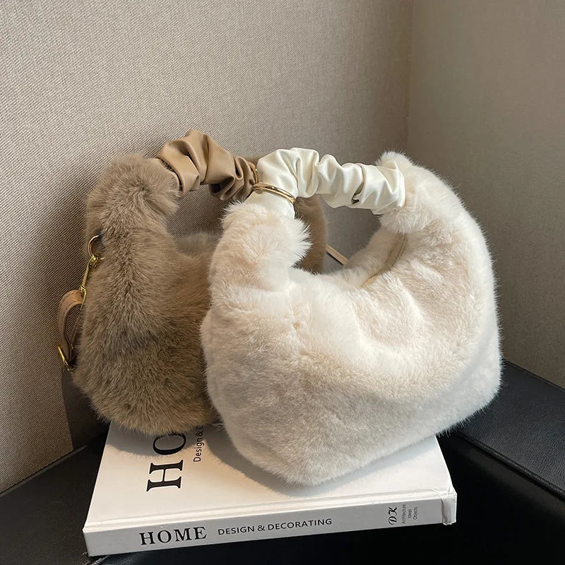 Puffed Faux Fur Women Hobos Tote Bag Soft Warm Handbags