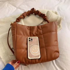 Winter Women Bucket Shoulder Bag PU Leather Crossbody bags Quilted Totes