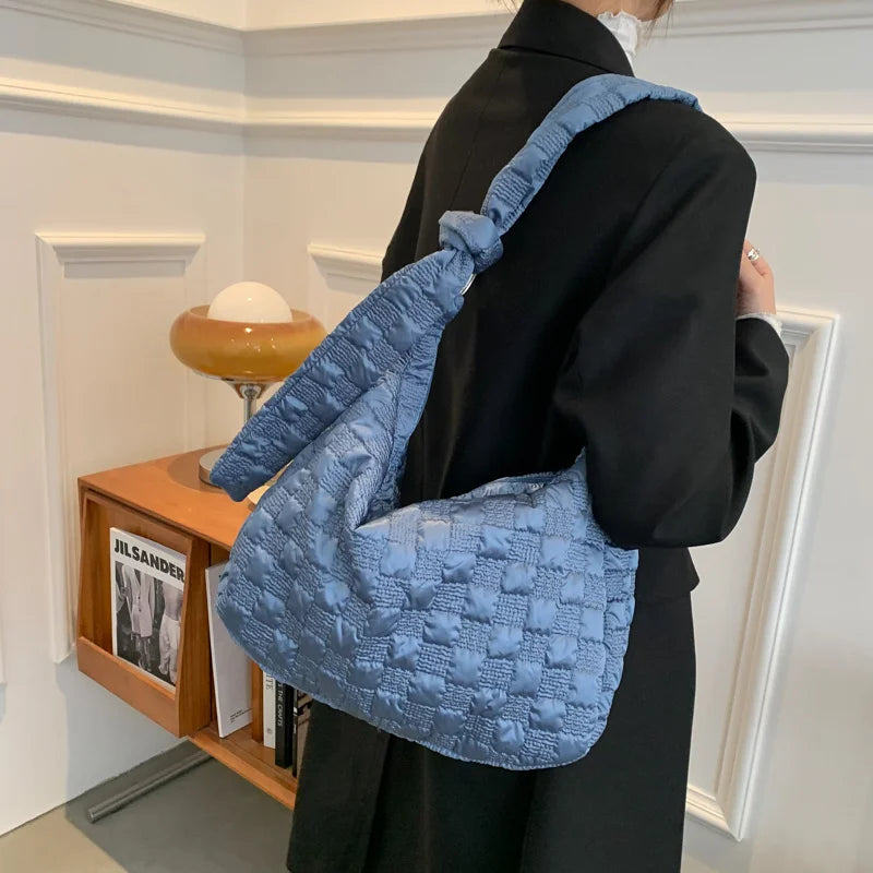Winter Women's Shoulder Bag Large Down Feather Padded Messenger Handbag Plaid