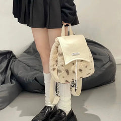 Winter Plush Backpacks Leopard Bags Casual School Travel Knapsack