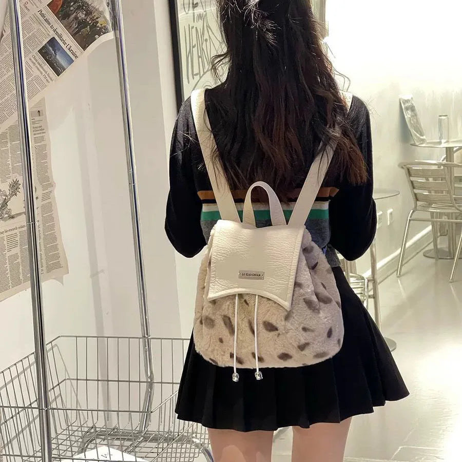 Winter Plush Backpacks Leopard Bags Casual School Travel Knapsack