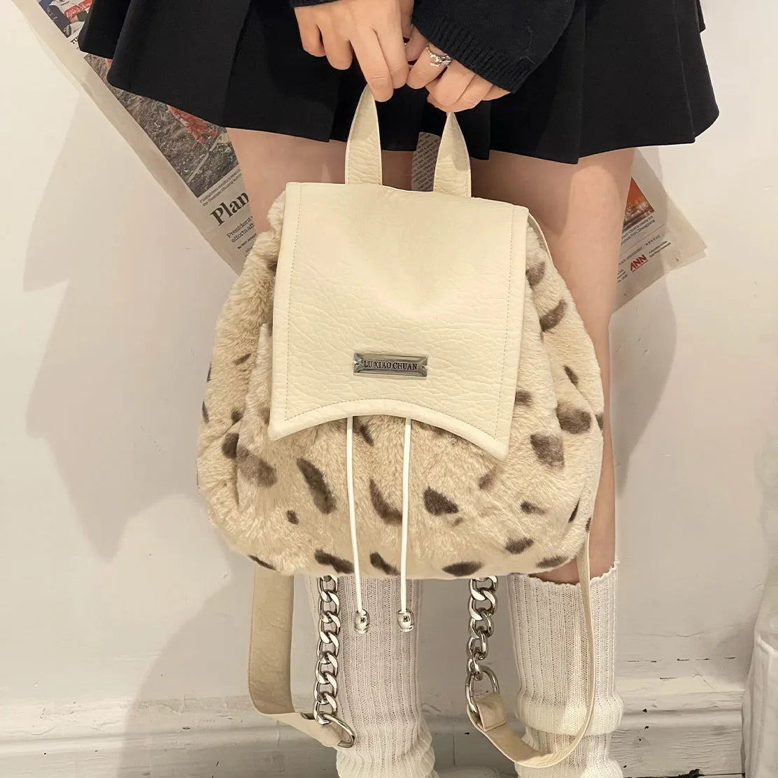 Winter Plush Backpacks Leopard Bags Casual School Travel Knapsack