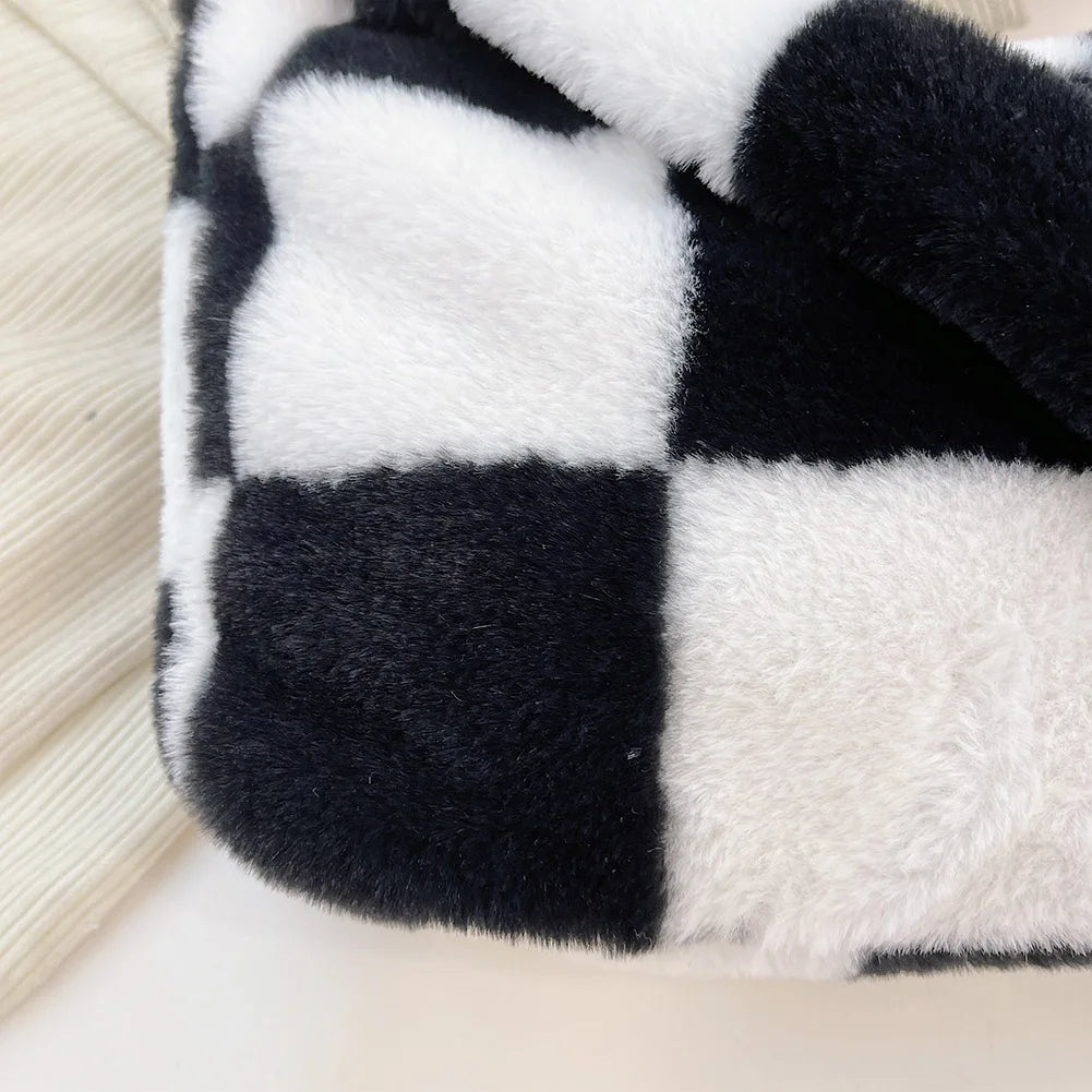Winter Plush Checkered Shoulder Bag Women Shopping Bag