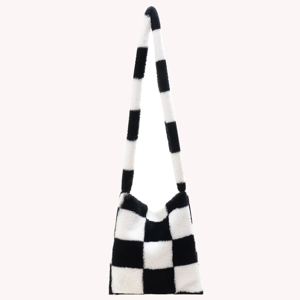 Winter Plush Checkered Print Shoulder Bag Women Contrast Shopping Bags