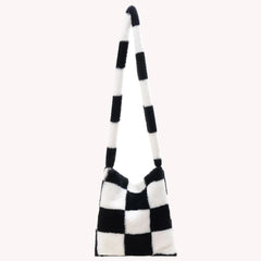 Winter Plush Checkered Print Shoulder Bag Women Contrast Shopping Bags
