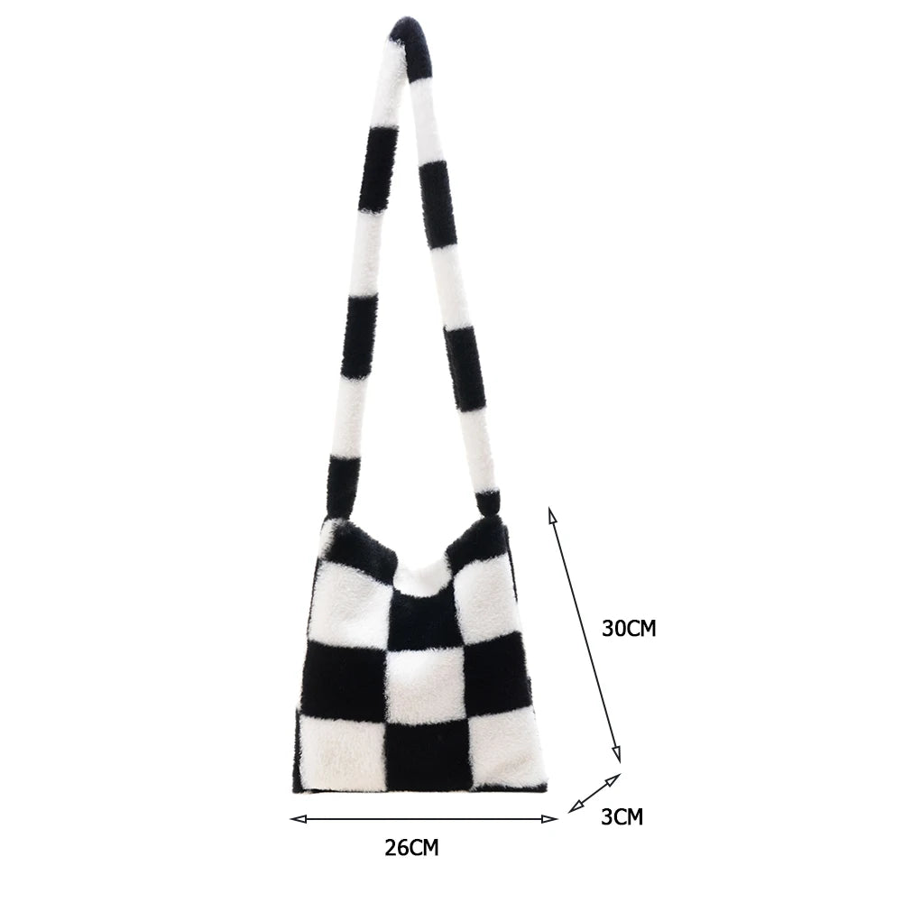 Winter Plush Checkered Shoulder Bag Women Shopping Bag