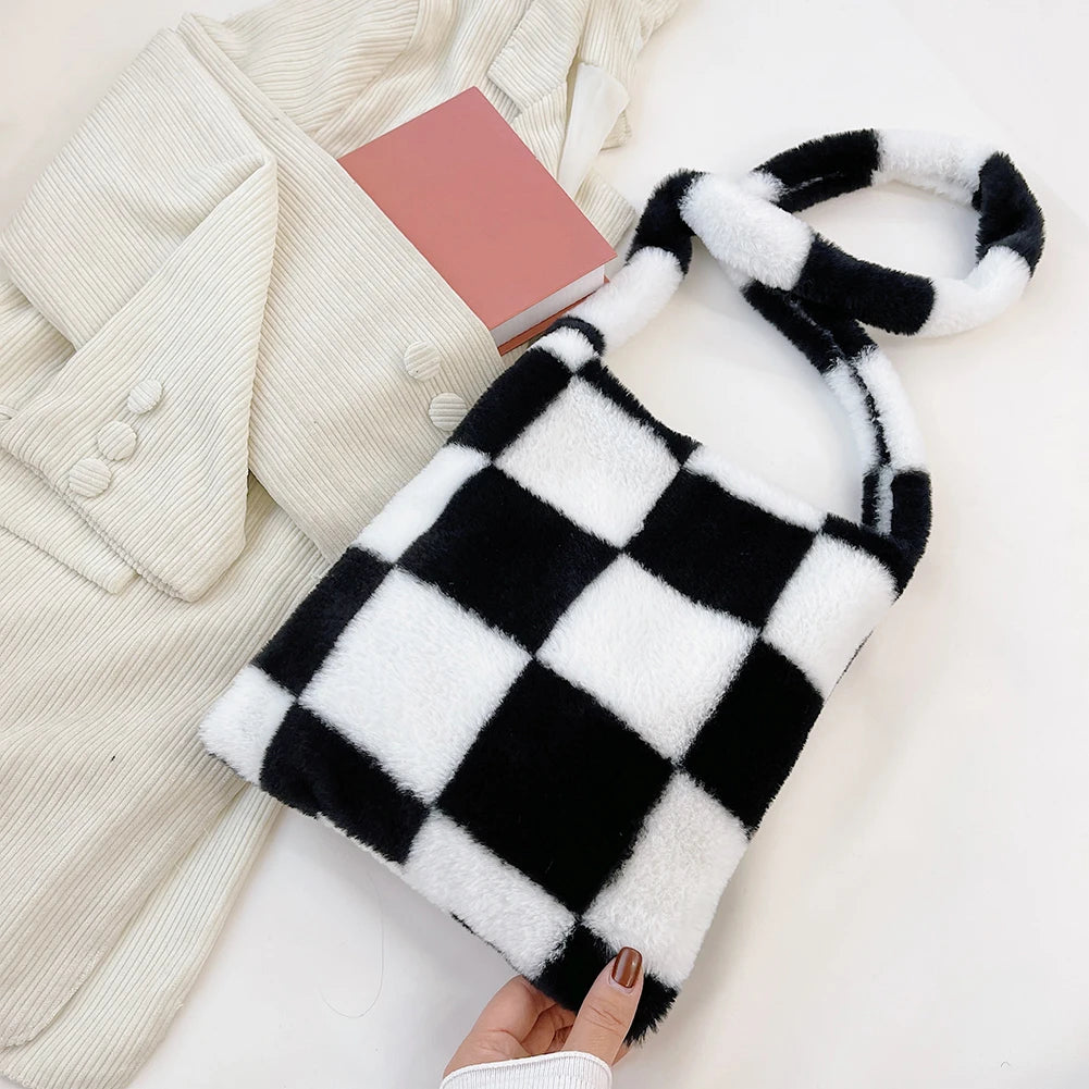 Winter Plush Checkered Print Shoulder Bag Women Contrast Shopping Bags
