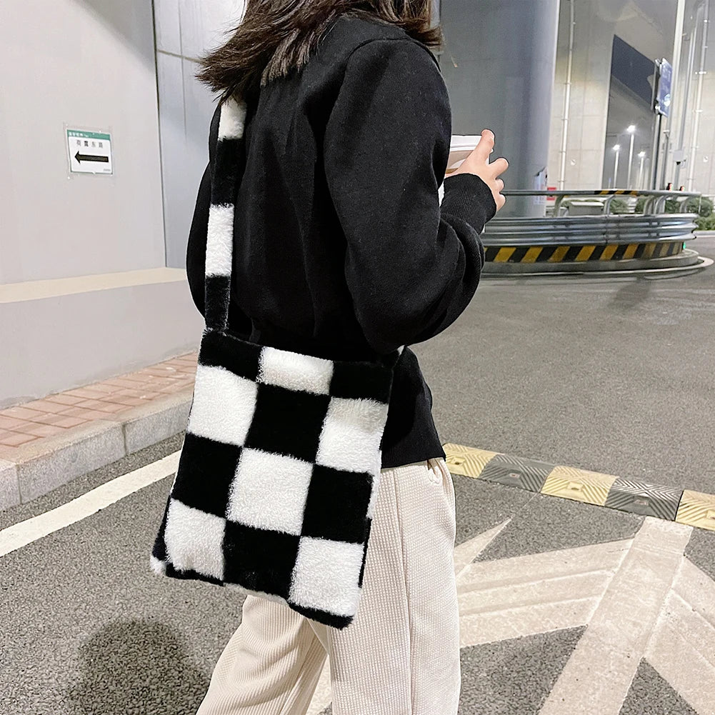Winter Plush Checkered Shoulder Bag Women Shopping Bag