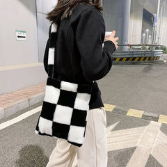 Winter Plush Checkered Shoulder Bag Women Shopping Bag